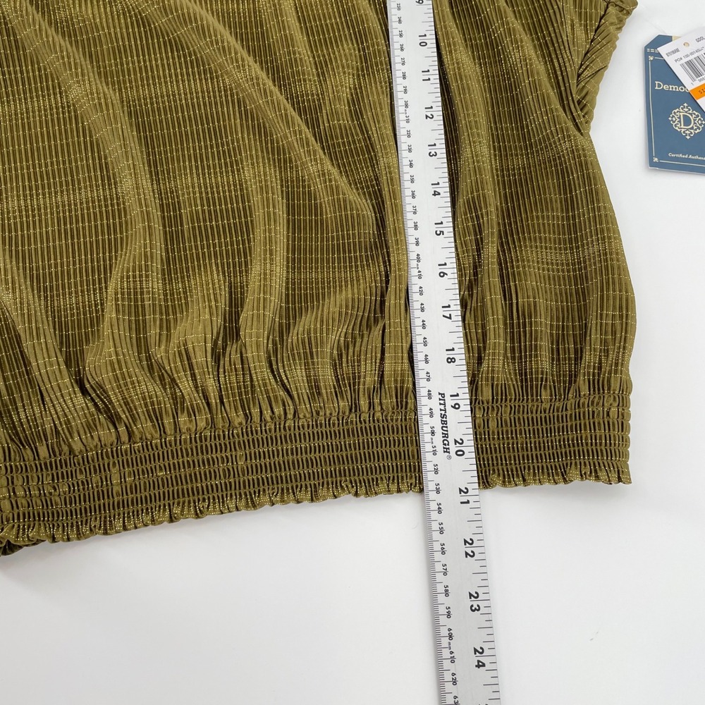 Democracy Metallic Plaid Smocked Blouse Olive Gold Cap Sleeve NWT Small - Picture 9 of 9